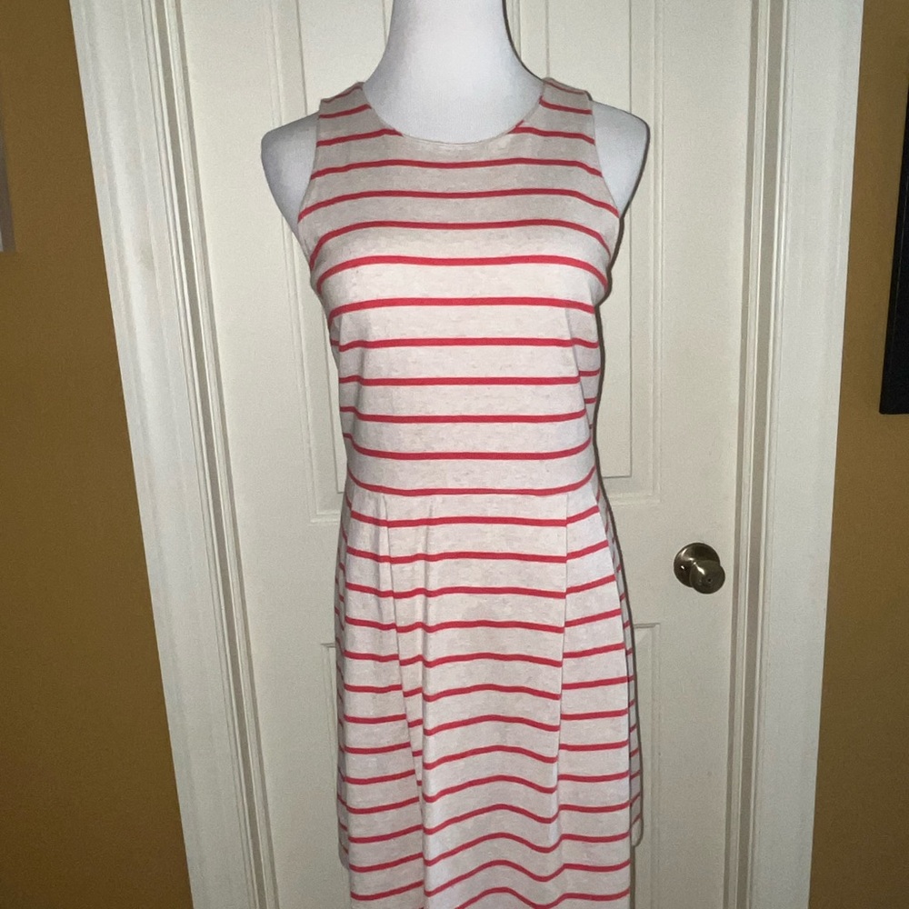LOFT Striped Midi Dress Sleeveless Pleated Cotton Knit Size 10